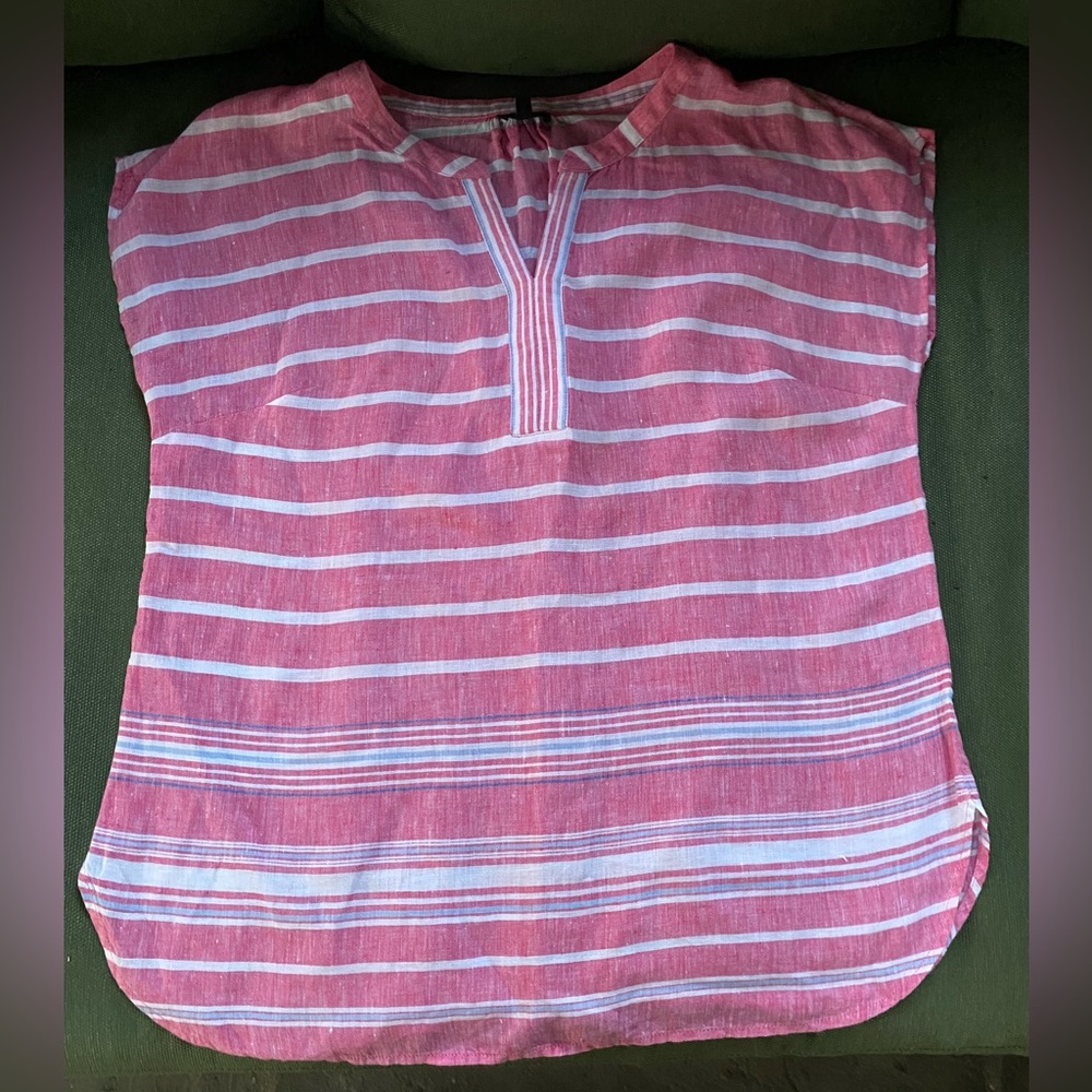 Talbots Linen Popover Top Pink Stripe Short Sleeve V Neck; Size: Medium - Picture 2 of 9